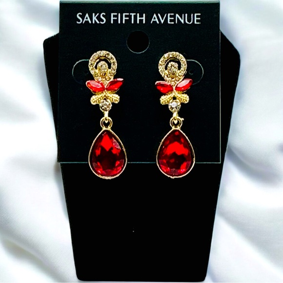 Saks Fifth Avenue Gold Plated & Red Crystal Teardrop Costume Jewelry Earrings - Picture 3 of 4